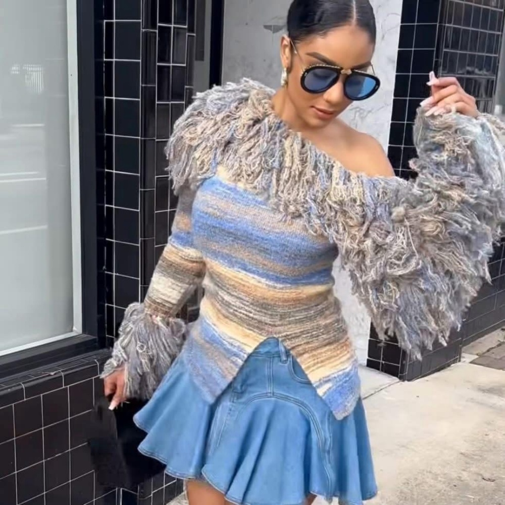 Textured One-Shoulder Fringe Knit Sweater in Blue and Neutrals